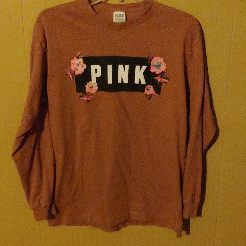 VS Pink Long Sleeve T-shirt Cinnamon color.  Floral accents. Size XS.